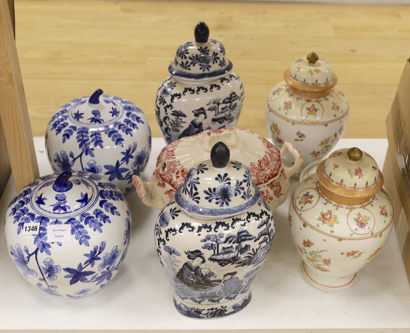 Three pairs of Oriental style ceramics vases and two lidded tureens- lidded blue and white vases 40 cms high.